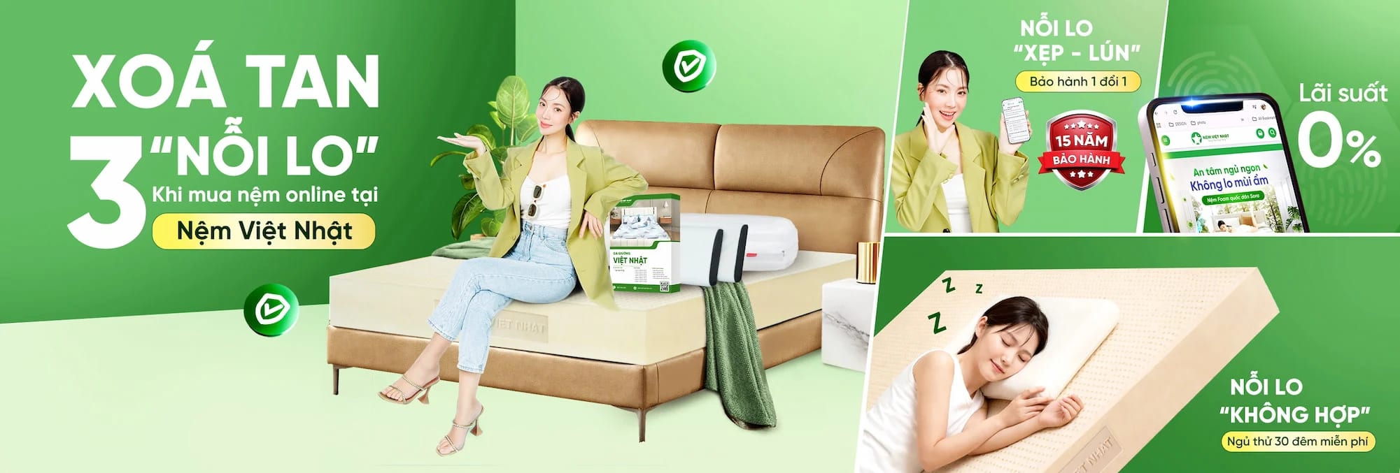 Xoá tan 3 nỗi lo khi mua nệm online tại Nệm Việt Nhật – bảo hành 1 đổi 1 15 năm, ngủ thử 30 đêm