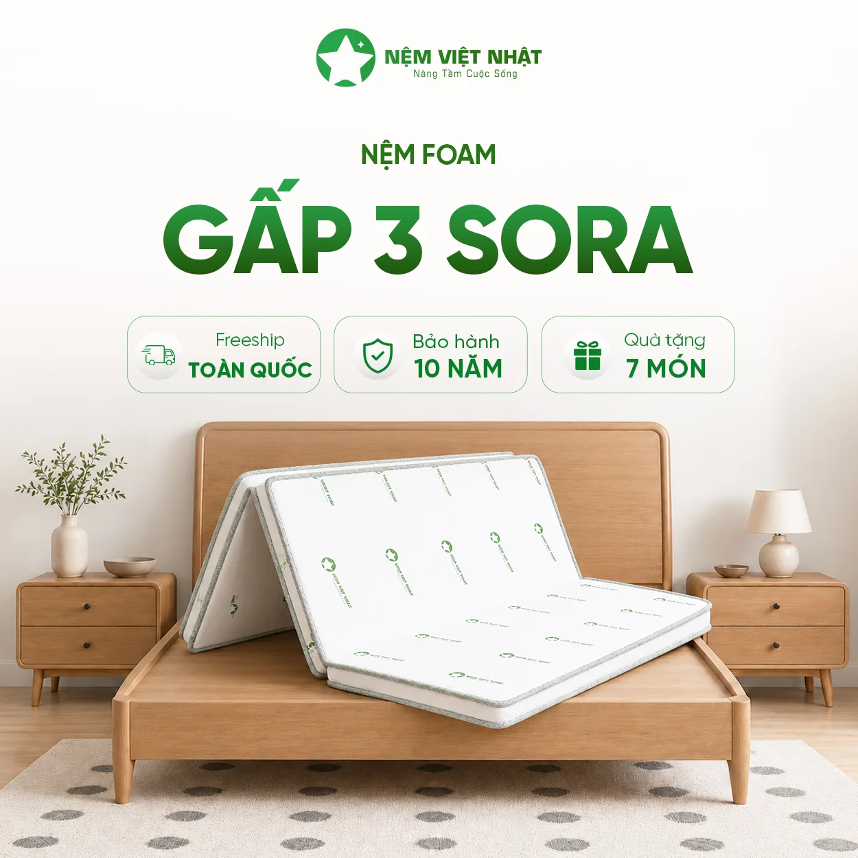 Nệm Foam Gấp 3 Việt Nhật Sora